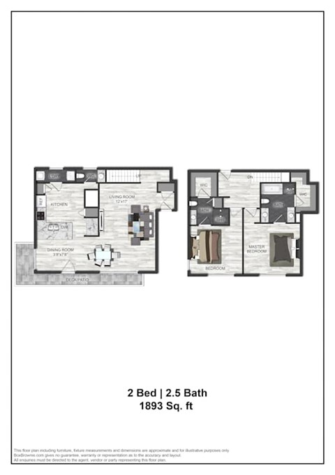 Floor plan for 2 beds, 2.5 baths, 1747 sqft